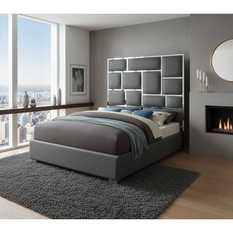 Uthyr Upholstered Panel Bed, King, Grey Vegan Leather
