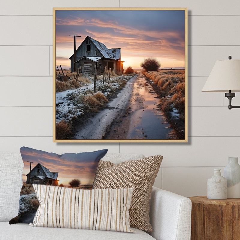 Barns Winter Scenery sur toile, H 30 po x l 30 po x P 1 po, Cadre naturel flottant