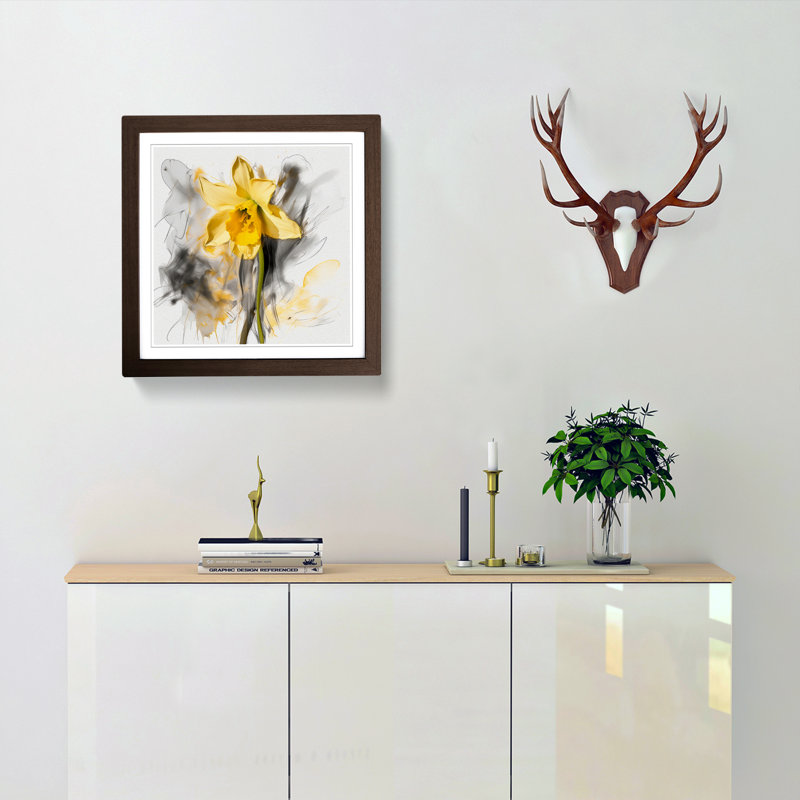Daffodil Gestural Art No.1 - Single Picture Frame Print on Wood, Walnut