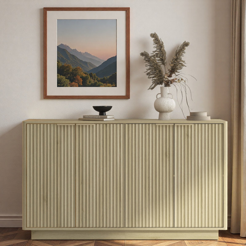 Modern Fluted Sideboard With Adjustable Shelves And Metal Handles, Natural