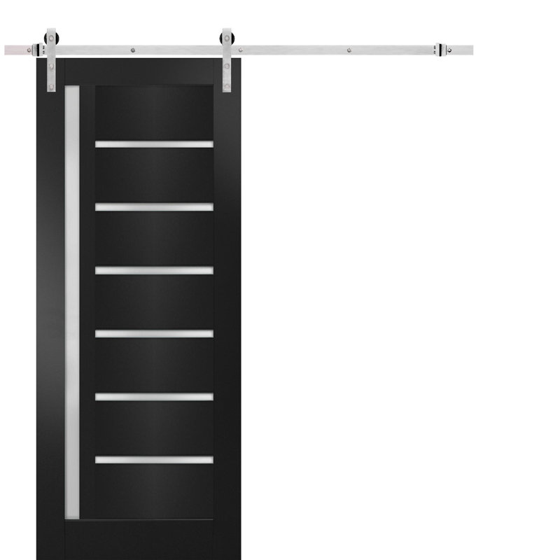 Porte de grange robuste Quadro 4088 Noir mat avec verre dépoli, rail de 2 m, quincaillerie renforcée, portes intérieures à panneaux pleins - 71 x 203 cm - Rail argenté