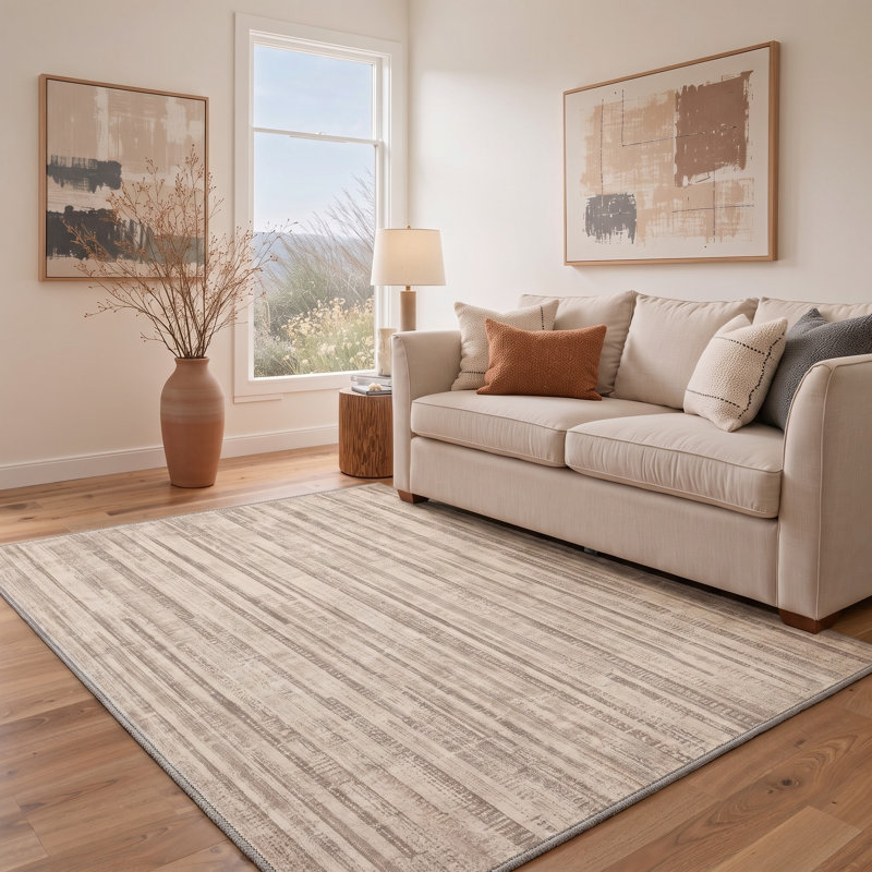 Tapis beige / gris rayé lavable à la machine avec envers antidérapant, Rectangle 5 pi x 7 pi