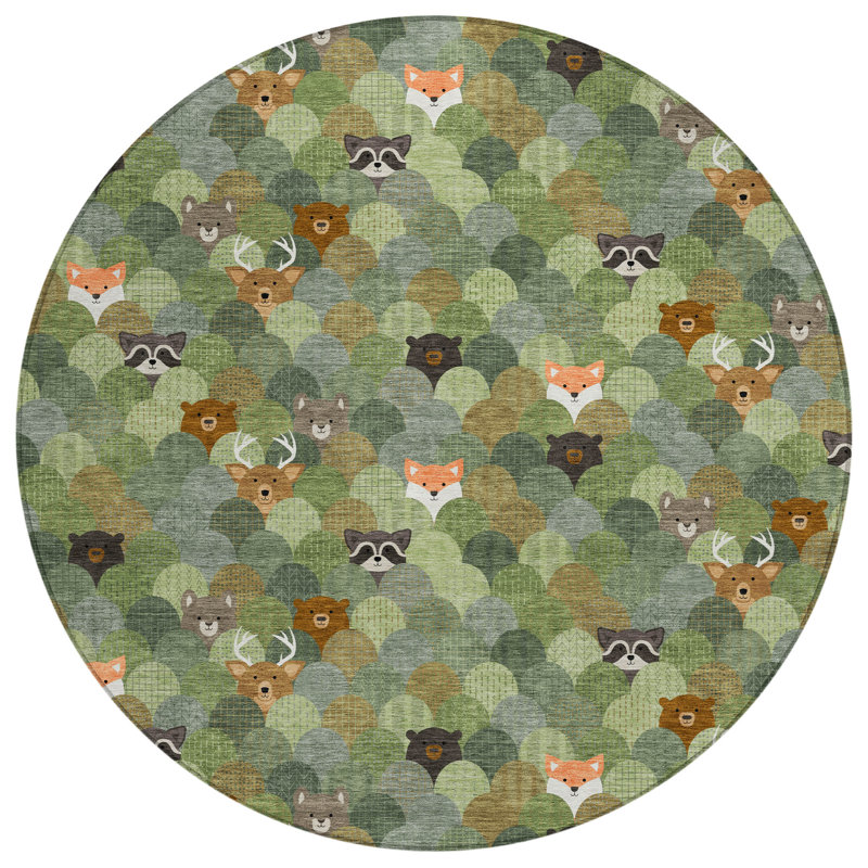 Machine Washable Indoor/Outdoor Chantille ACN2582 Kids Rug, Olive, 8' Round