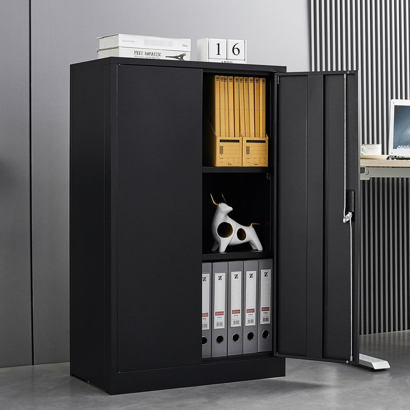 Armoire pliante à séparateurs réglables avec portes verrouillables et tige en tube d'acier massif, noire, pour la maison, étagère de rangement en métal noir, serrures à poignée, assemblage facile
