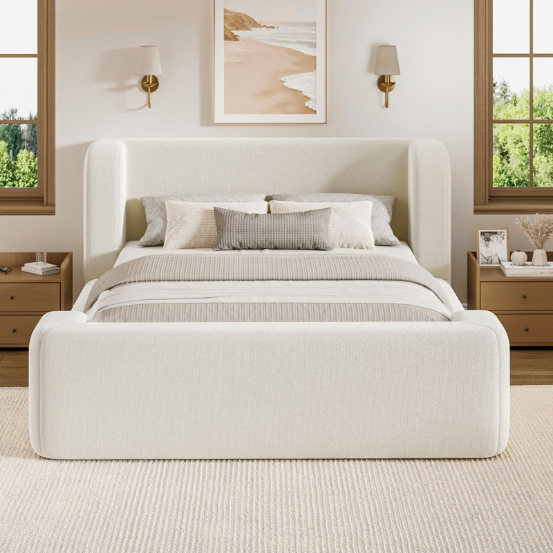 Lit plateforme tapissier grand Carmen avec tête de lit à oreilles, structure de lit tapissier en chenille, lit sommier rembourré en mousse haute densité