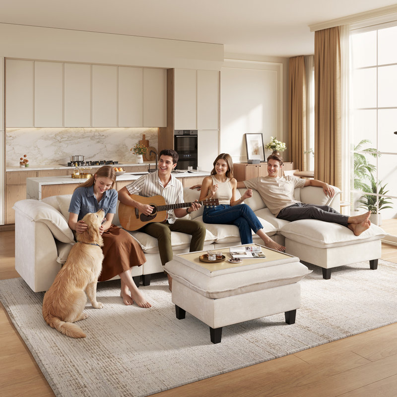  143.7" Chenille Modular Sectional Sofa With Storage Ottoman, Washable Cushion Covers, Padded Armrests, Extra-Thick Deep Cushions, Tool-Free Assembly, Beige