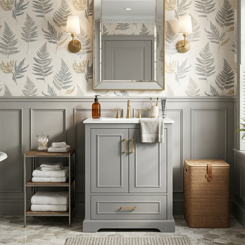 Meuble-lavabo moderne avec lavabo, armoire à cadre en bois massif avec 2 portes, tiroir cloisonné et système de fermeture en douceur