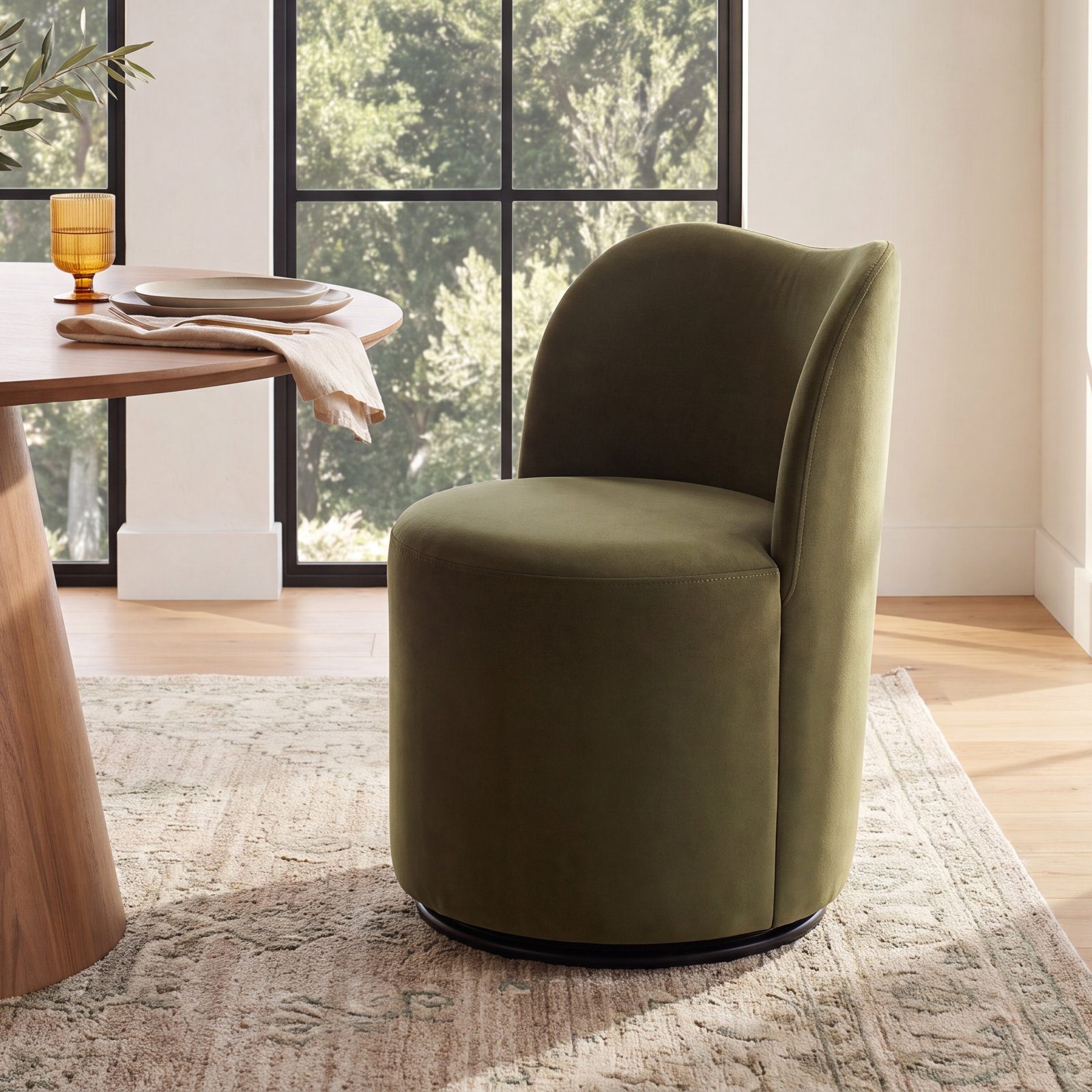 Basel Swivel Dining Chair, Soren Olivine Performance Velvet