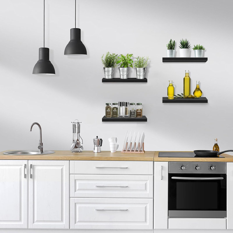 Floating Shelves with Invisible Mounting Set of 4, Black, 1.5" H x 16.25" W x 5.5" D