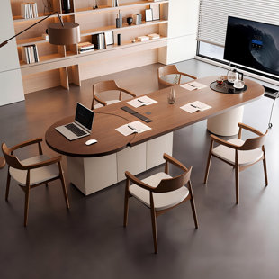 86.61"Modern minimalist solid wood brown and beige executive desk