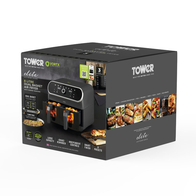 Tower T17195 Elite Dual Basket Air Fryer with Digital Control Panel and Viewing Windows, Match Cook & Sync Finish Functions, 8 Cooking Presets, Vortx Technology, 8L, 1700W, Graphite