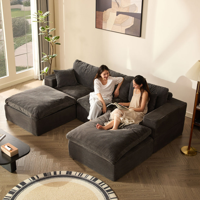 3-Seater L-Shaped Modular Sectional Sofa Bed with Ottoman, Grey, 268cm-3U