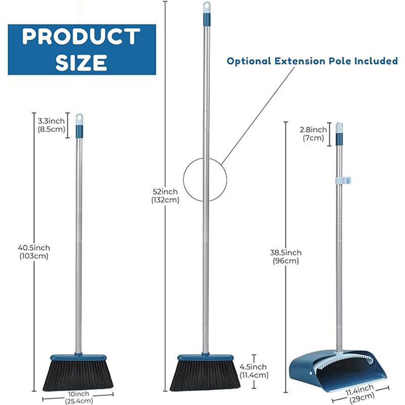 Blue Stainless Steel Long Handle Broom and Dustpan Set