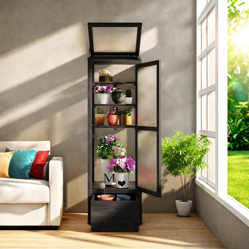 Black Fir Wood Garden Greenhouse with Adjustable Shelves and Storage Box