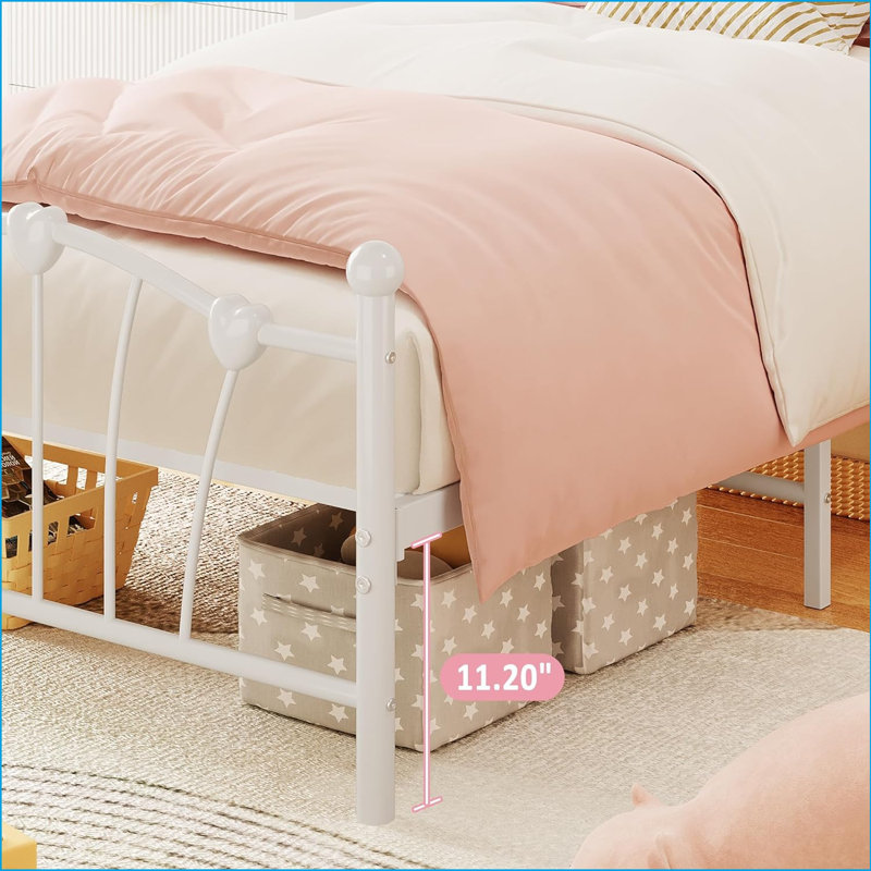 Twin Bed Frame For Kids,twin Bed Frame With Heart Shaped Headboard And Tailboard,heavy Metal Slat Support,noiseless, White