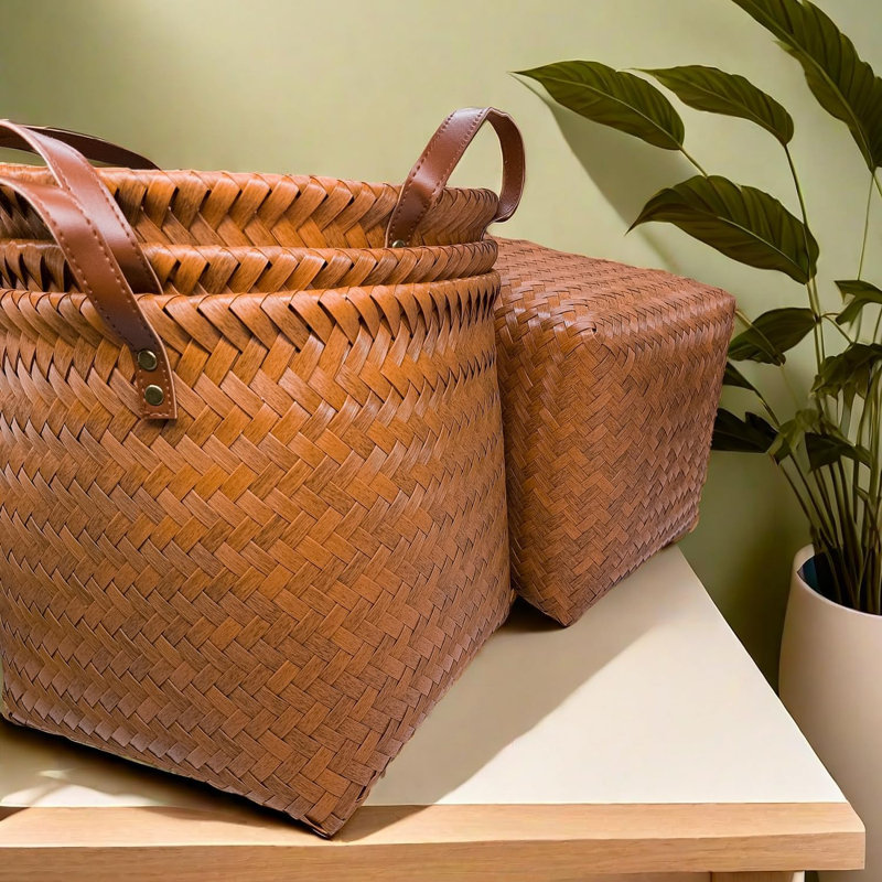 Set of 4 Brown Wicker Cube Storage Baskets with Handles