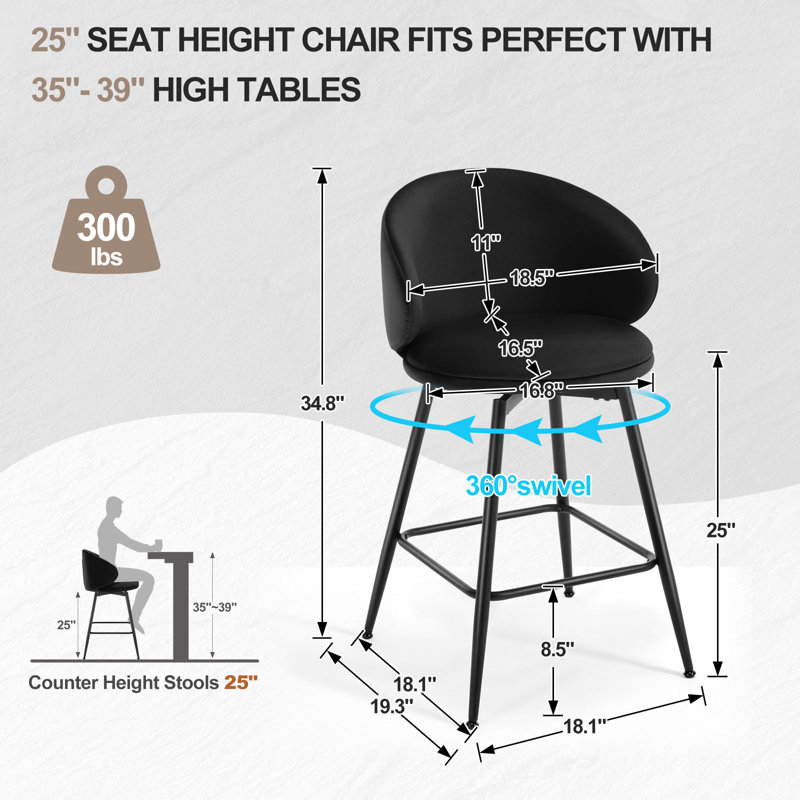 26" Swivel Upholstered Counter Height Bar Stools, Black