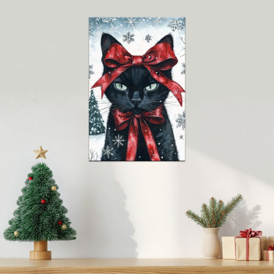 Grand chat avec un arc rouge Abiella - affiche imprimée festive, affiche de scène de flocon de neige pour les fêtes, la ferme, la cuisine, la salle de bain et le décor du salon, 24 po x 36 po