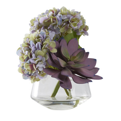 Hortensias et Echeveria dans un vase en verre