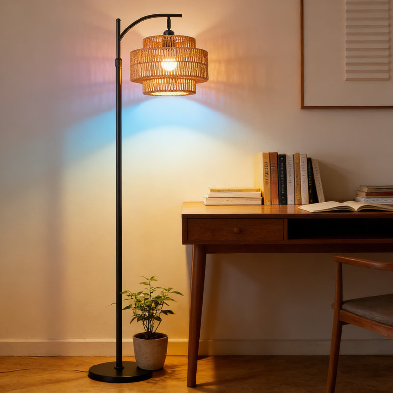 Lampe sur pied moderne avec abat-jour en rotin tissé à la main, conception à 3 niveaux, télécommande avec 3 températures de couleur et éclairage à intensité variable pour le salon, la chambre à coucher ou le bureau
