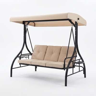 3-Seat Outdoor Porch Swing with Adjustable Canopy Convertible Patio Swing Bed with Stand Thick Cushions  Cup Holders Weather-Resistant for Backyard Garden Porch - Beige
