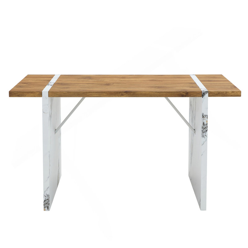 Table de salle à manger en bois aggloméré naturel à grain de bois naturel - conception stable de 55 po x 31,5 po. Convient à divers styles de décoration intérieure moderne. Conception de structure épurée, bureau en bois texturé, pieds de table en marbre blanc.