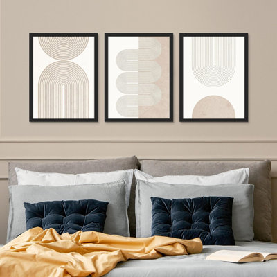 IDÉE4WALL ensemble encadré géométrique bicolore brun clair spirale vagues formes murales, ensemble de 3 illustrations abstraites de décoration murale, décoration murale nordique pour salon, chambre à coucher 3 pièces