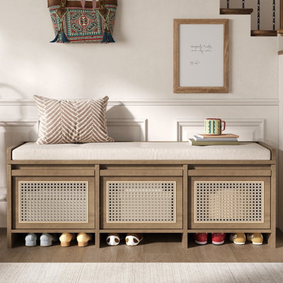 48" Farmhouse Rattan Storage Bench With Cushioned Seat, Entryway Shoe Bench With 3 Rattan Drawers & Lift Top Storage Chest For Hallway Bedroom