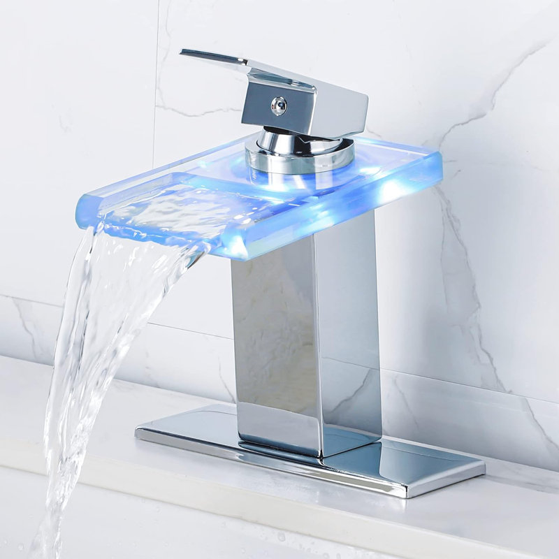 Robinet de salle de bain chromé, robinet mélangeur chaud / froid à poignée simple DEL, Chrome chrome