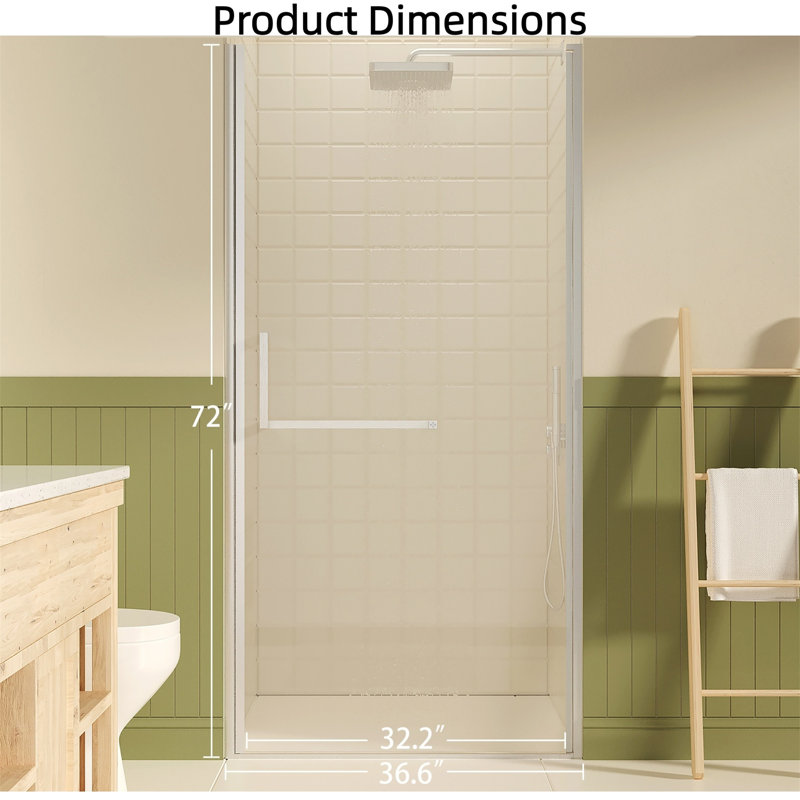 Porte de douche pivotante sans cadre 35-36 pouces en nickel brossé, Nickel brossé