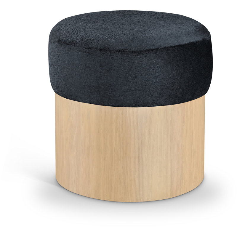 Asai Velour Fur Fabric Ottoman/Stool, Black Velour Fabric, Natural