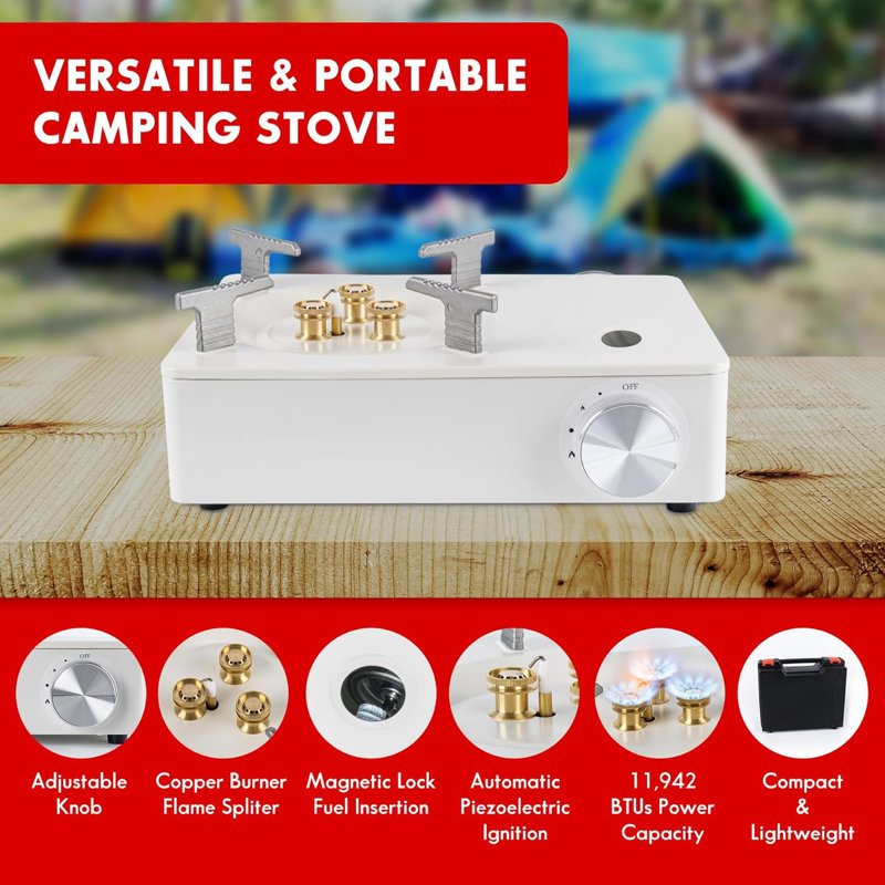 Réchaud de camping avec étui de transport McKay - 11 942 BTU, brûleur au butane pour la randonnée et la cuisine extérieure, blanc