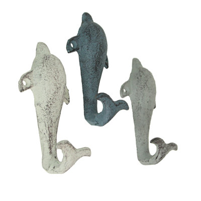 Colourful Coastal Cast Iron Dolphin Decorative Wall Hooks 5 inch Ocean Décor