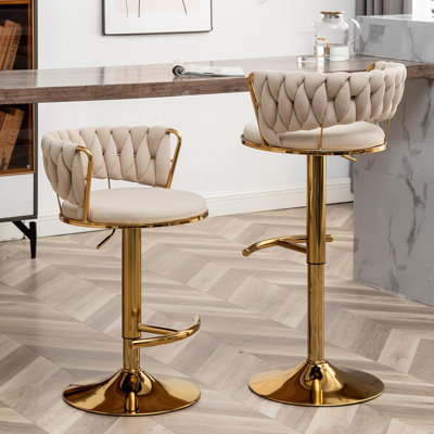 Swivel Bar Stools Set of 2, Counter Height Bar Stools with Low Back, Velvet Adjustable Height Barstools, Gold Bar Stools for Kitchen Island, Pub