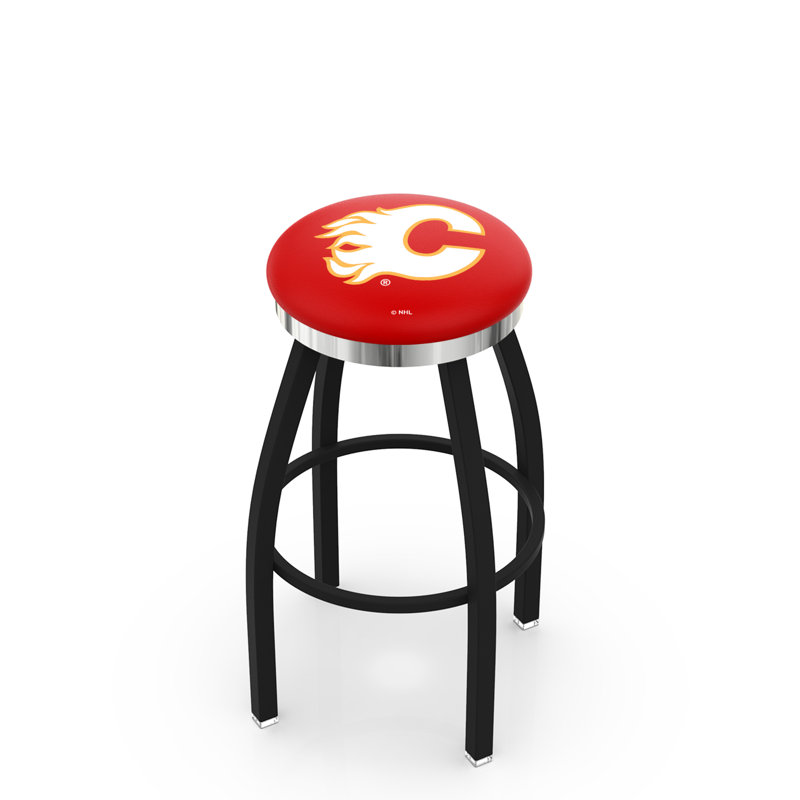 NHL 30" Swivel Bar Stool with Cushion, Flames de Calgary, Ride noire, Chrome