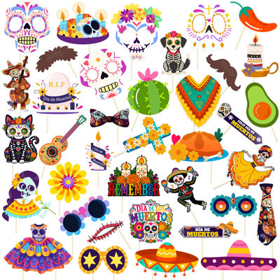 38pcs Dia De Los Muertos Photo Booth Props for Day of the Dead Party Decorations
