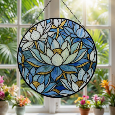 Blue Lotus Stained Glass Window Panel