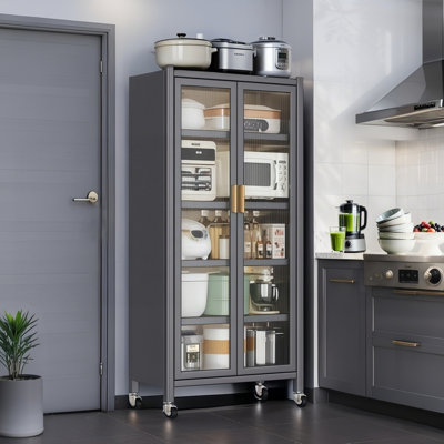65" Kitchen Pantry Storage Cabinet, 6 Tier Metal Display Storage Cabinet with Transparent Door, Adjustable Shelves & Wheels, Food Pantries Cabinets, f by Prep & Savour