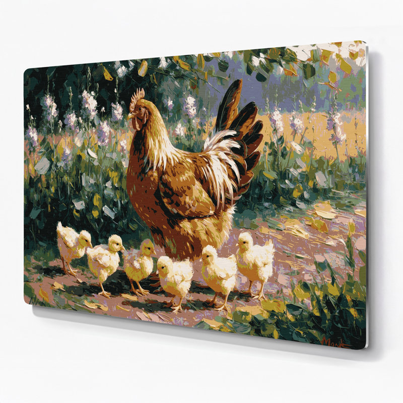 «Farm Hens with Chicks», art mural en métal brun, H 8 po x l 10 po