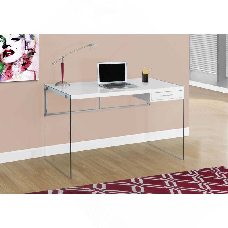 Computer Desk, Home Office, Laptop, Storage Drawers, 48"L, Work, Glossy Laminate, Clear Tempered Glass, Contemporary, Modern