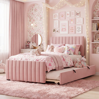 Structure de lit simple tapissier en velours avec lit gigogne escamotable, finition rose, aucun sommier tapissier requis