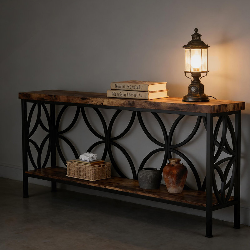 Console industrielle polyvalente à 2 niveaux avec beaucoup de rangement, idéale pour les espaces étroits et les décors modernes.