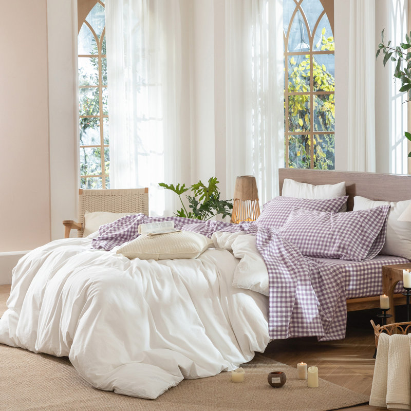 Ensemble de draps 100% coton lavé MooMee, Ensemble de draps pour grand lit avec 2 taies d'or, Mauve clair