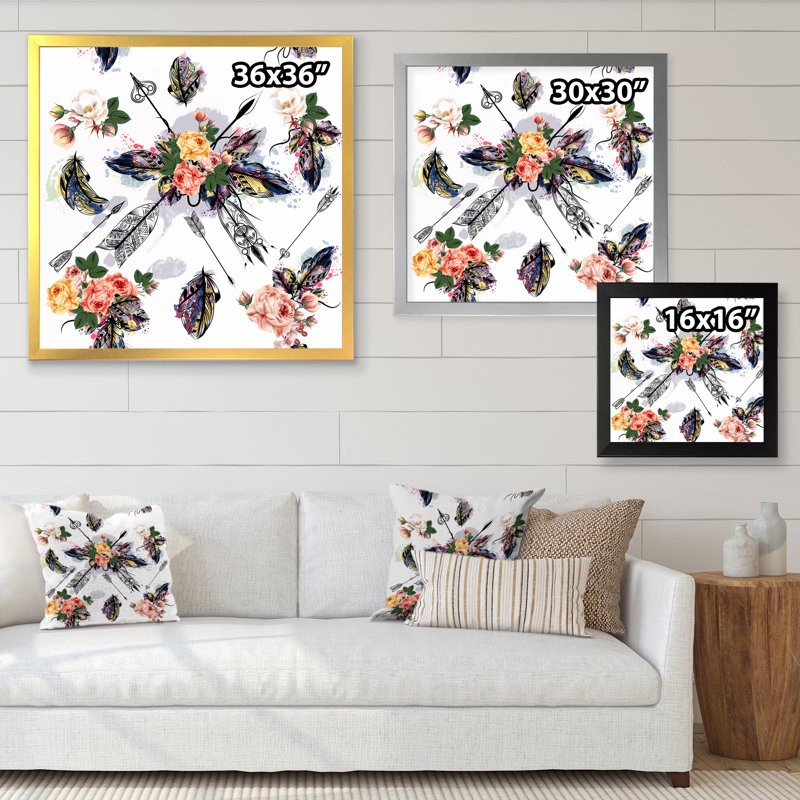 Tribal flèches et plumes - Impression sur toile, H 36 po x l 36 po x P 1,5 po, Cadre de coin blanc fermé