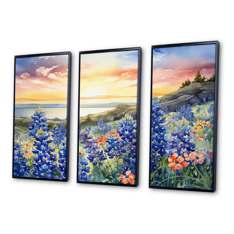«Blue Bonnets Sunset I», ensemble d'art sur toile Blue Bonnets, Cadre flottant noir, H 32 po x l 48 po x P 1 po