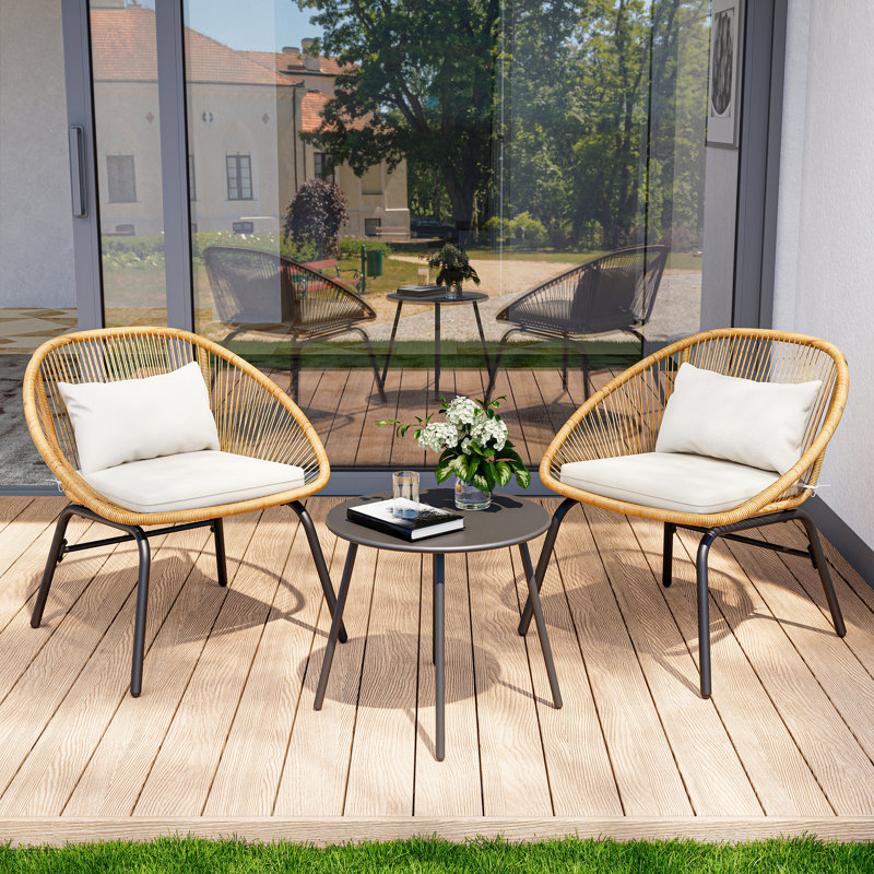 3 Piece Patio Bistro Rattan Chair & Table Set with Cushions, Grey