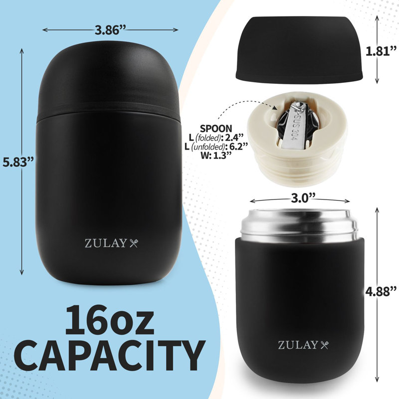 Zulay Kitchen 16oz Insulated Thermos Food Jar with Foldable Spoon - Stainless Steel Food Container, Black