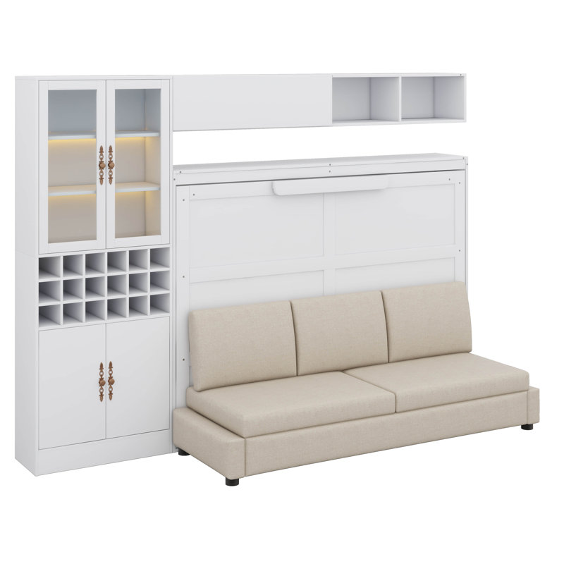 Lit escamotable mural avec bibliothèque intégrée USB et éclairage, Lit double, Blanc