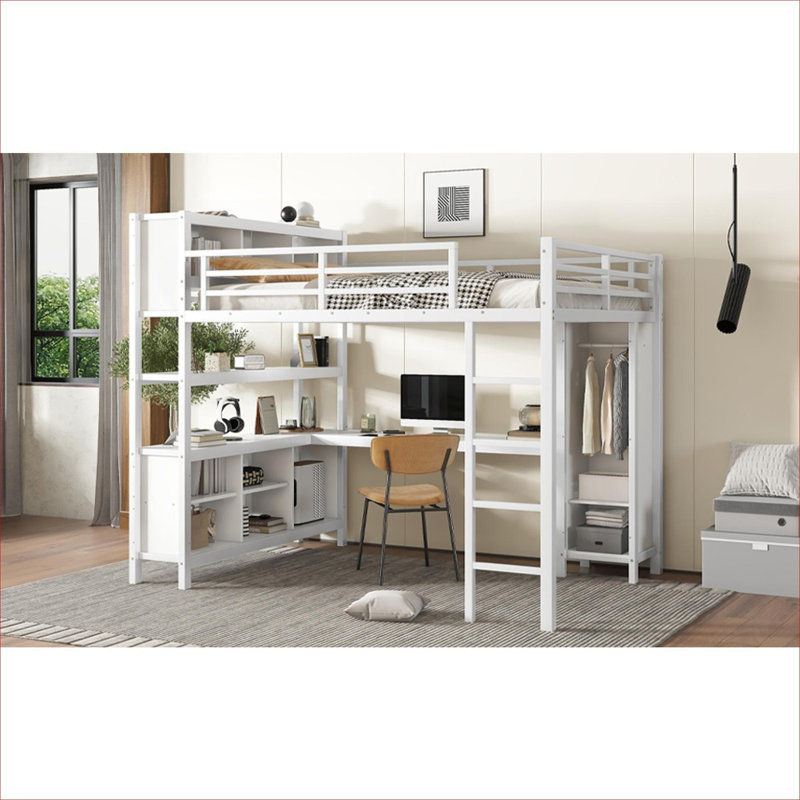 Lit mezzanine en métal grand format avec rangement, lit mezzanine blanc moderne avec garde-robe intégré et bureau en forme de L pour chambres à coucher et dortoirs