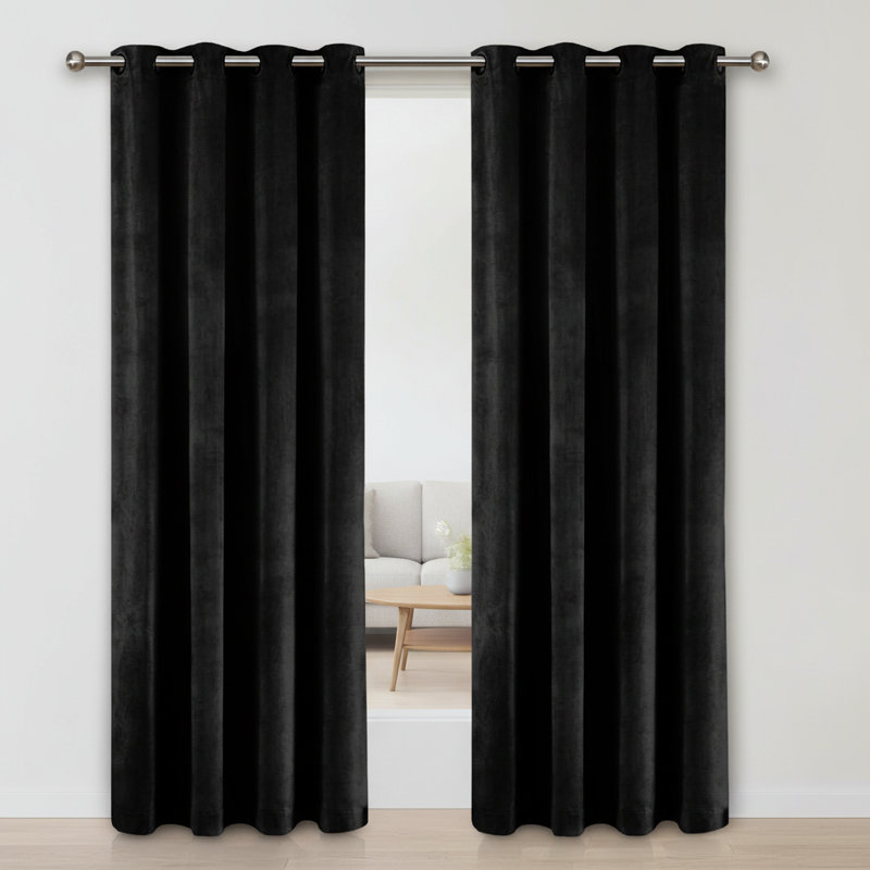 Thermal Velvet Curtains with Eyelet Ring Top - Blackout Crushed Velvet Drapes Pair, Black, 117cm Width x 137cm Drop